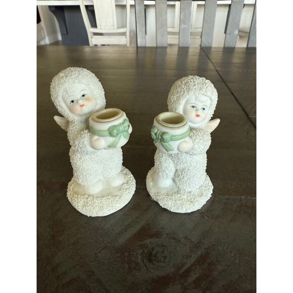 Pair of Nobel Ball Snow Baby Angel Candle Holders 4” Tall Figurines Set of 2 - Picture 2 of 6